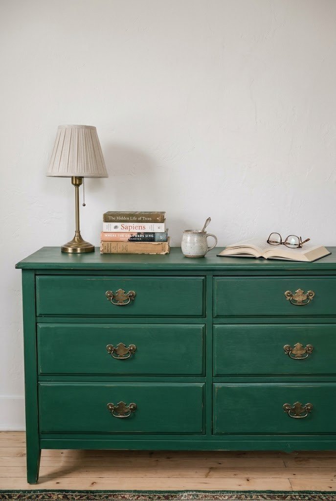 Vintage dresser painted deep emerald with brass pulls
