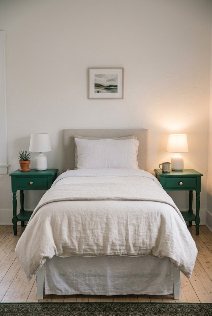 Pair of emerald painted nightstands with brass knobs beside a bed