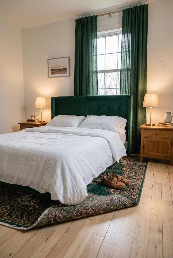Emerald velvet upholstered headboard behind white bedding