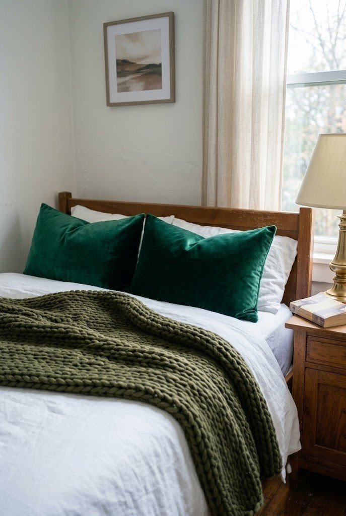 Emerald velvet pillows and an olive knit throw on white bedding