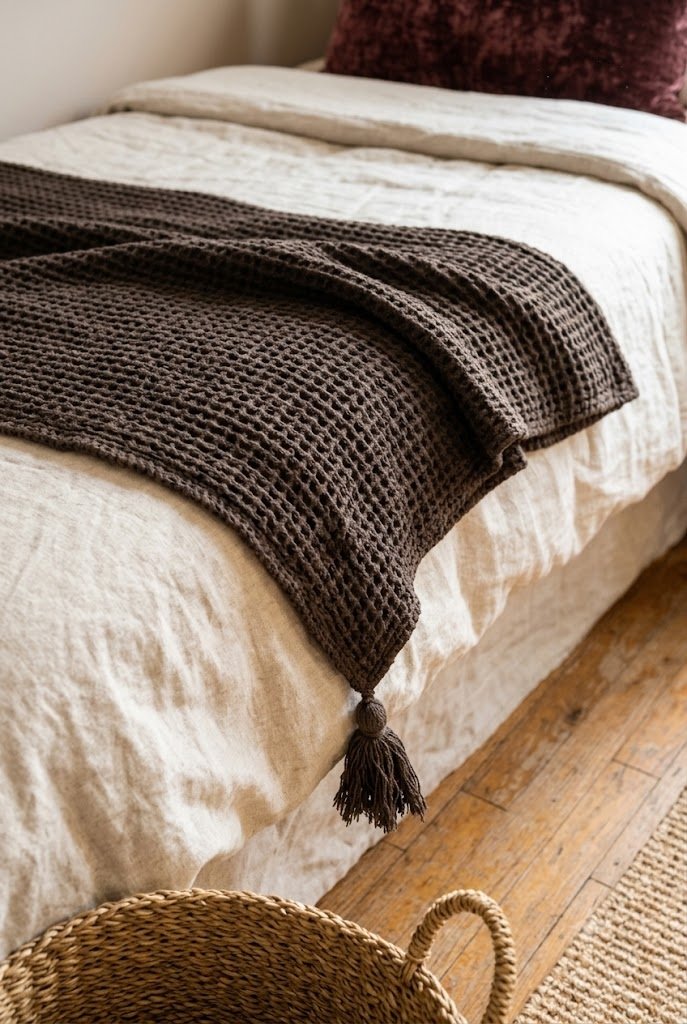 Espresso brown waffle knit throw folded at the foot of a bed