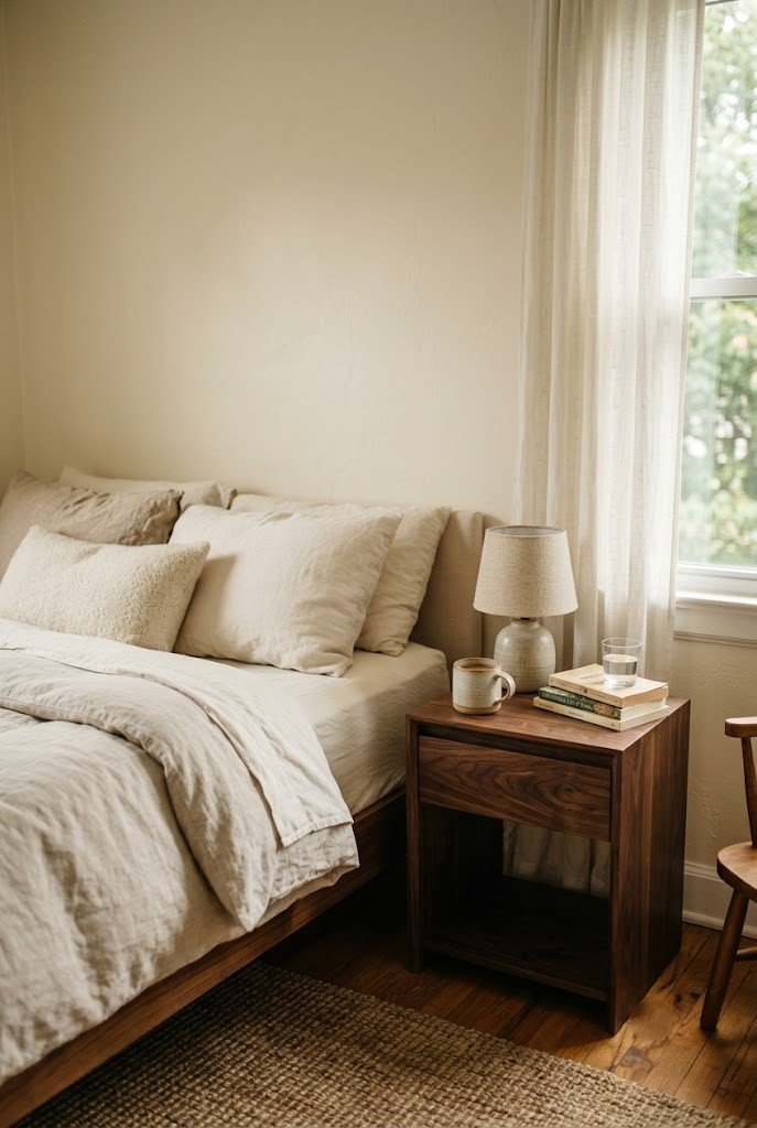 Small cream bedroom grounded by a dark espresso walnut nightstand
