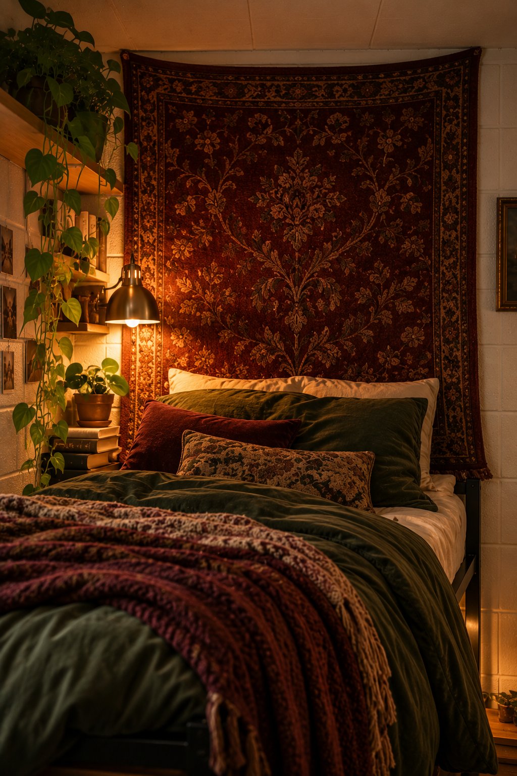 Deep burgundy tapestry mounted behind the pillows of a lofted bed as a fake headboard