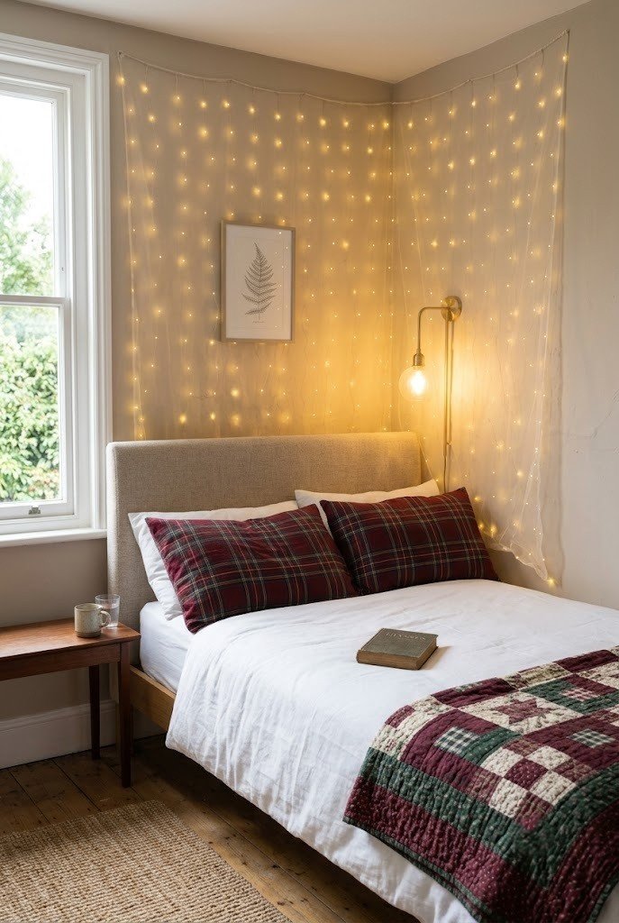 Warm white fairy light curtain hung flat on the wall behind a bed headboard