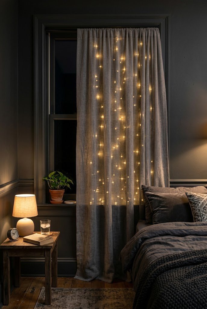 Warm white fairy lights glowing behind a sheer gray curtain over a dark window
