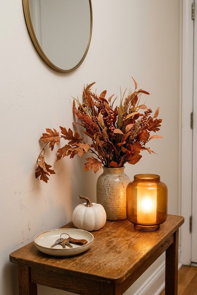 Fall entry console vignette with amber lamp, stems, ceramic pumpkin, and catchall bowl