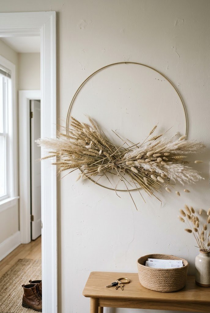 Metal wall hoop holding dried wheat and pampas stems for fall texture