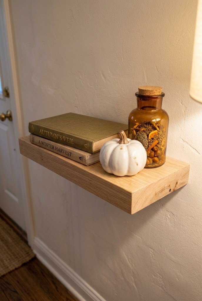 Oak floating shelf with a ceramic pumpkin, amber glass jar, and stacked books for fall