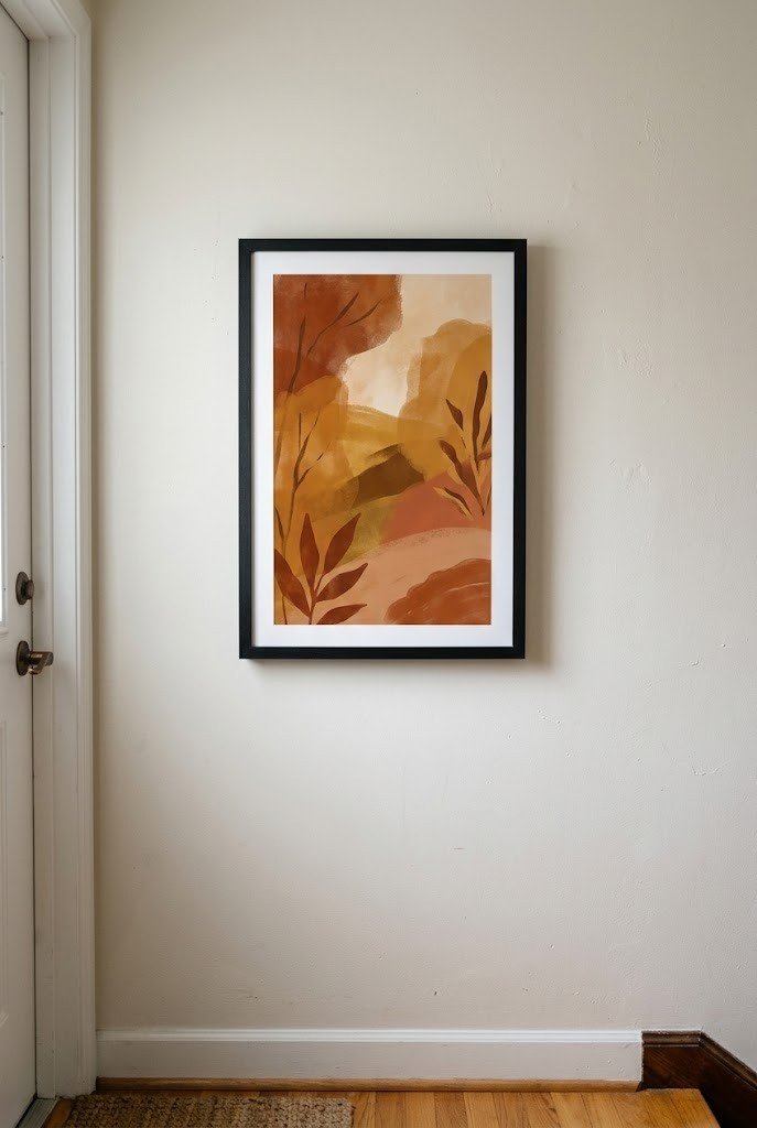 Black-framed rust and amber fall art print on an entry wall