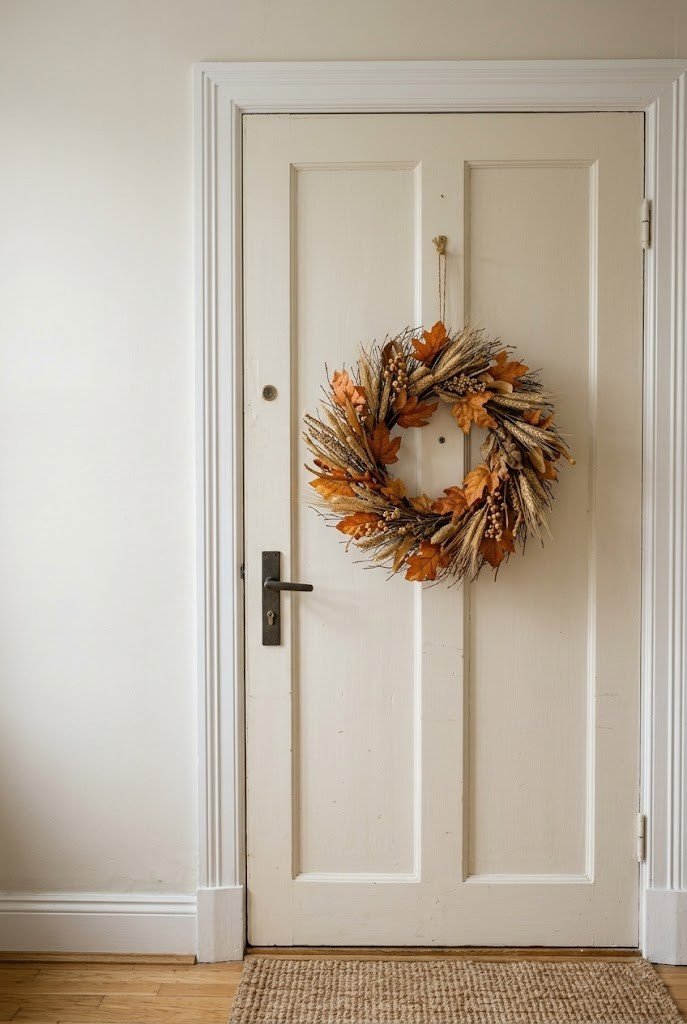 Faux fall leaf and wheat wreath on the inside of an apartment door