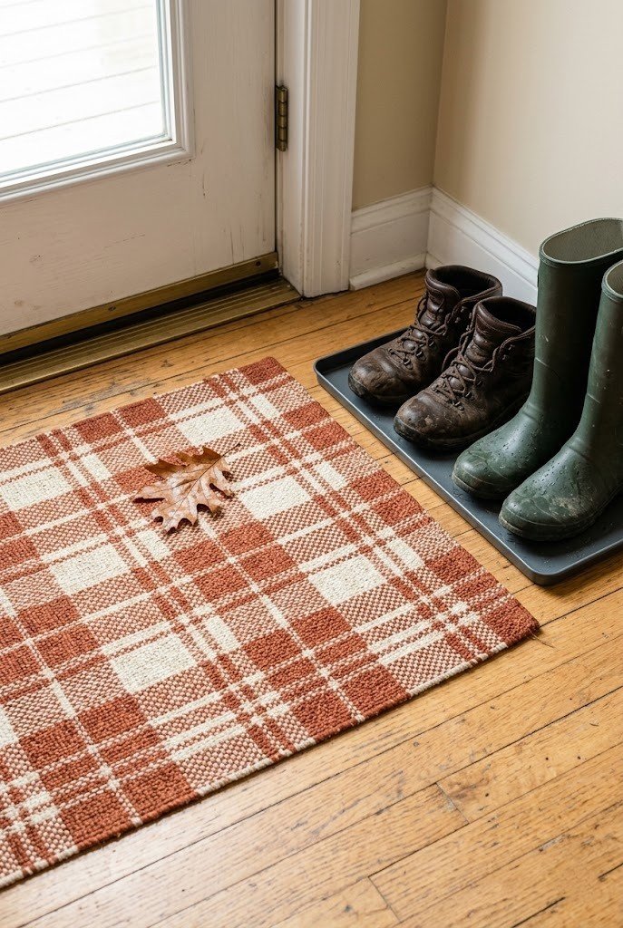 Rust plaid doormat and slim boot tray just inside an apartment door