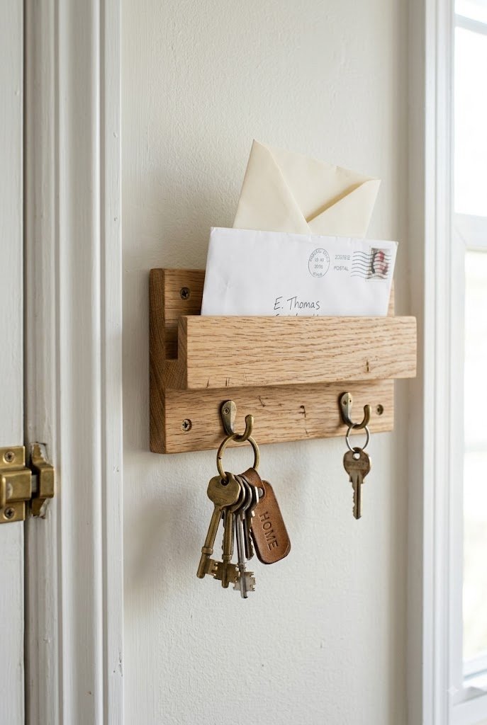 Wall-mounted wood key and mail rail with keys and envelopes