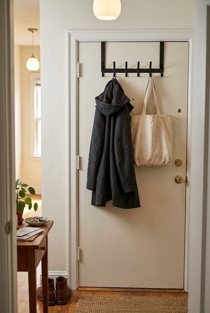 Black over-the-door hook rack on an apartment door with a coat and bag