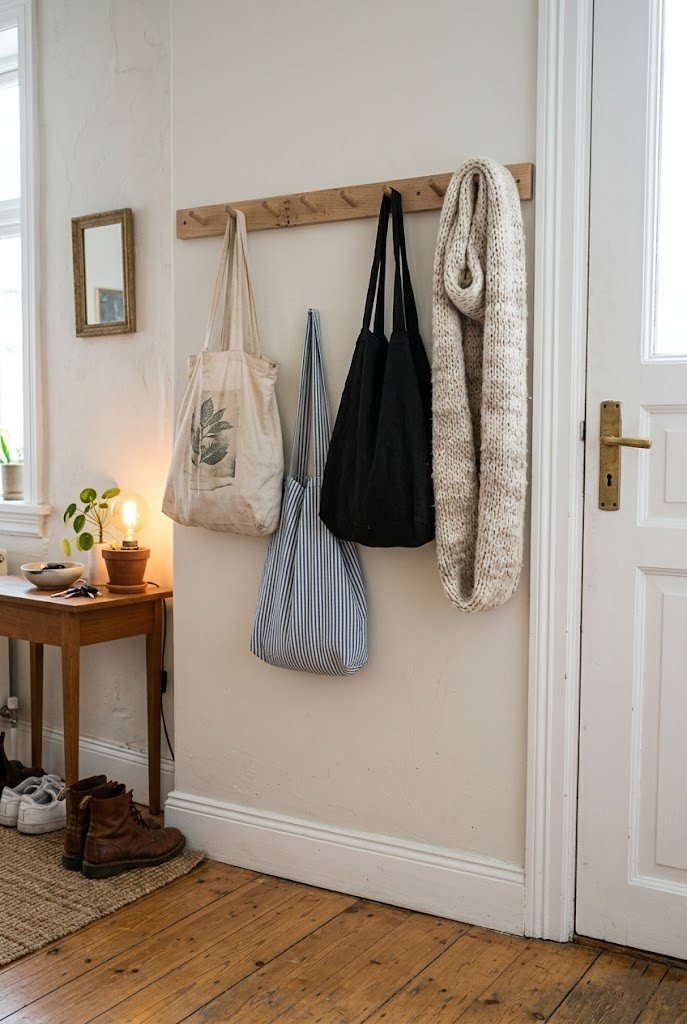Wooden peg rail with tote bags and a scarf in a small entry