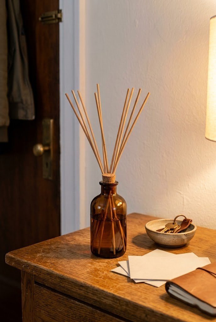 Amber glass reed diffuser on a small entry console