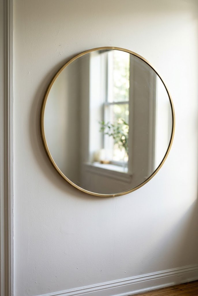 Round brass-framed mirror on a small apartment entry wall