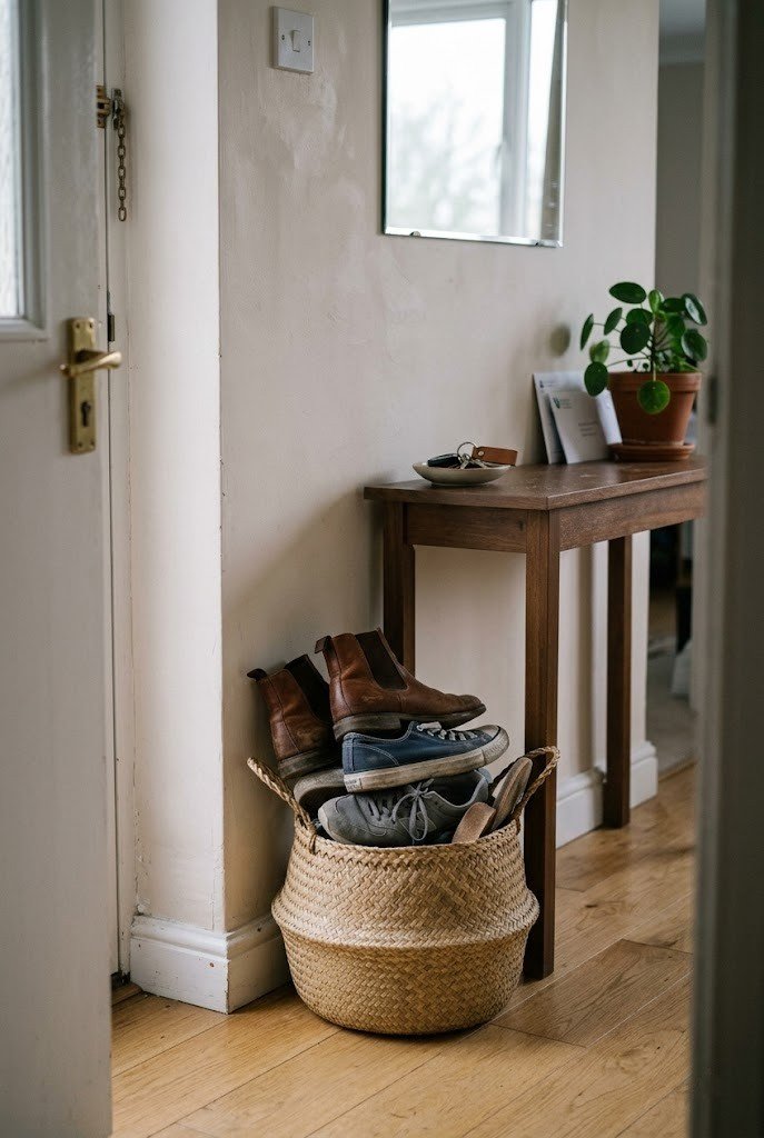 Woven basket beside an entry console holding shoes