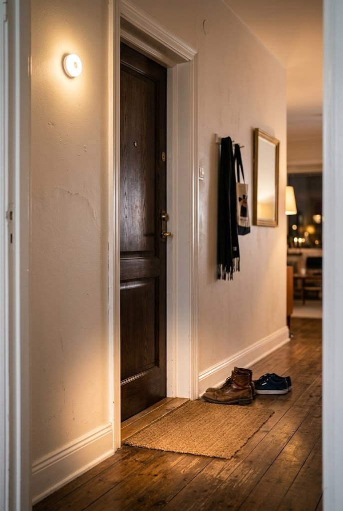 Warm white stick-on LED light glowing over a small apartment entry