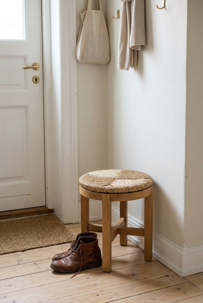 Compact woven-top stool by a small apartment entry door