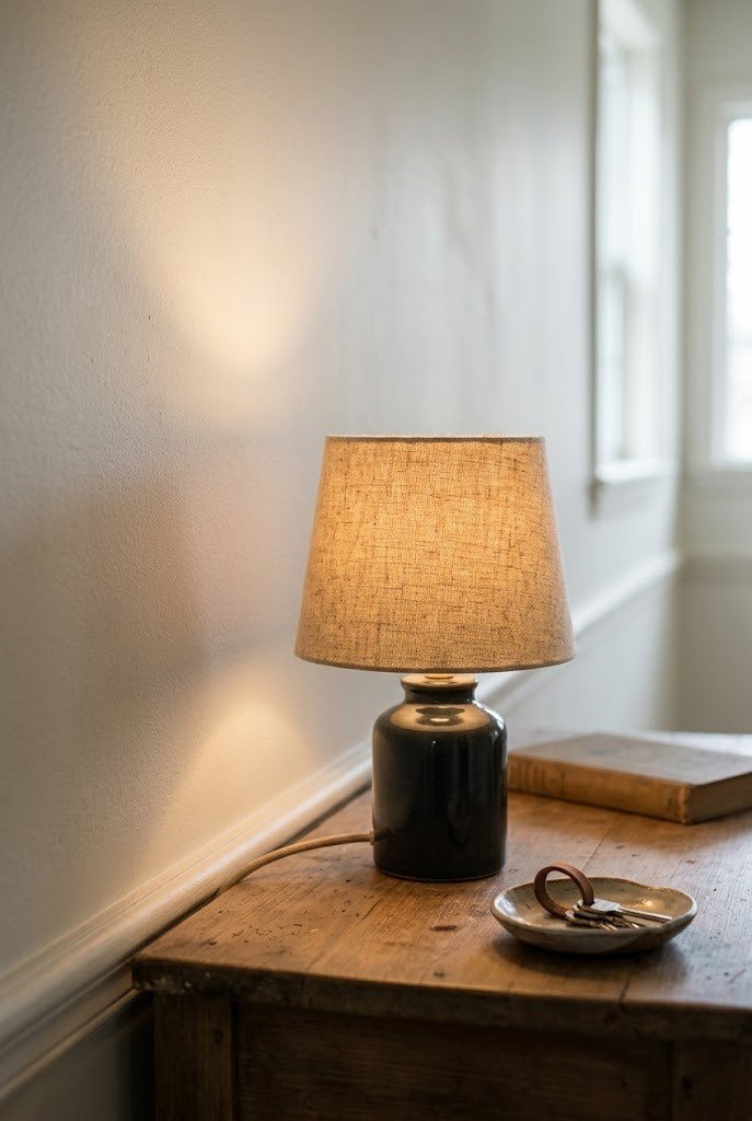 Small linen-shade table lamp glowing on an entry console