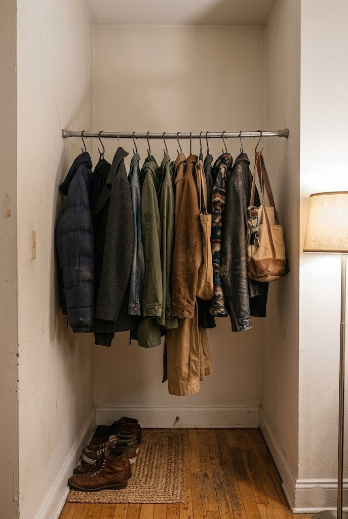 Tension rod coat bar wedged across a narrow entry alcove with hanging coats