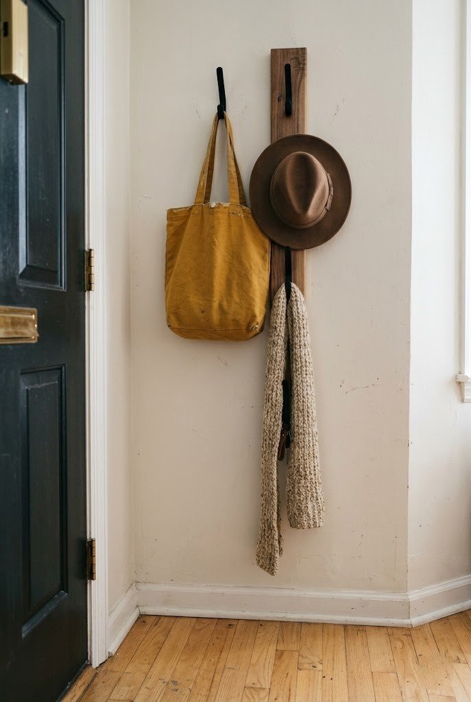 Slim walnut hook rail on a small apartment entry wall holding a mustard tote and a felt hat