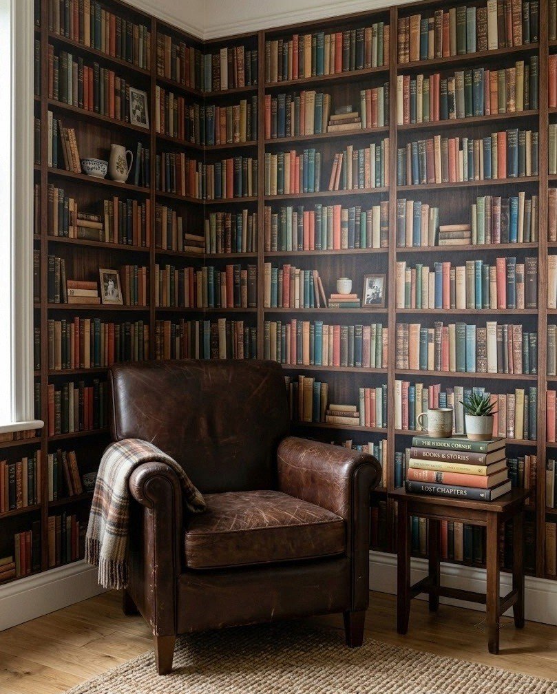 Peel-and-stick wallpaper printed like a packed built-in bookshelf behind a real reading chair