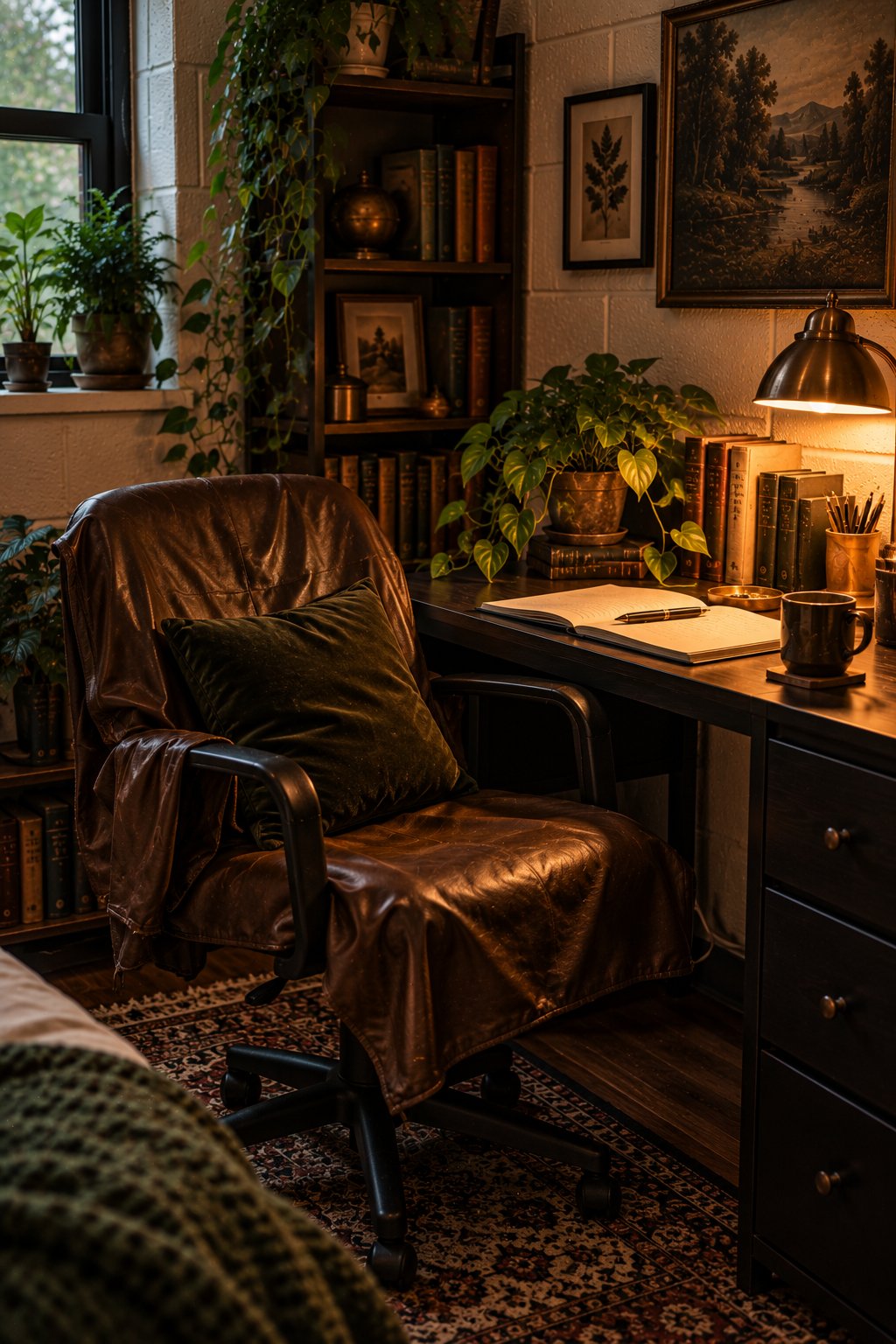 Dorm desk chair draped with a faux-leather cover and a small velvet cushion in warm brown