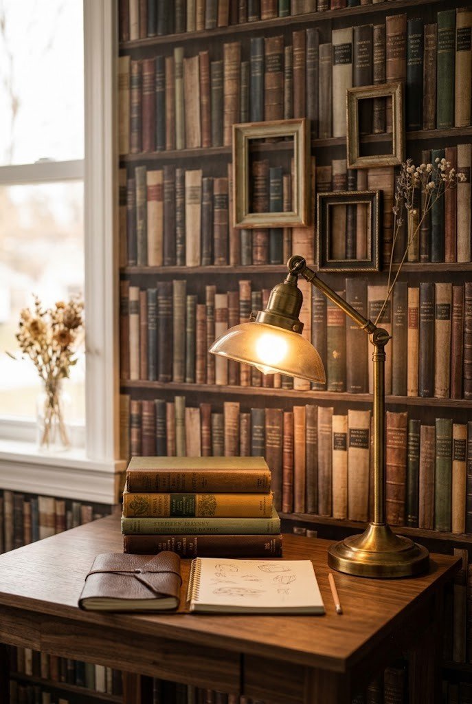Desk against a peel-and-stick faux-library wallpaper accent wall