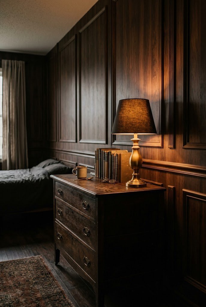 Faux peel-and-stick wall paneling adding depth in a dark academia rental bedroom