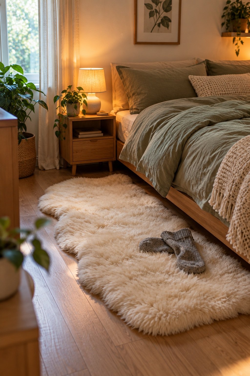 Ivory faux sheepskin rug beside a low bed with a sage green duvet