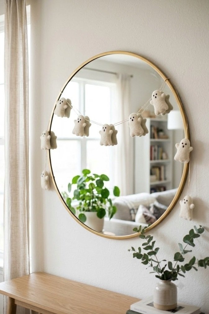 Felt ghost garland draped over a mirror for easy renter Halloween decor