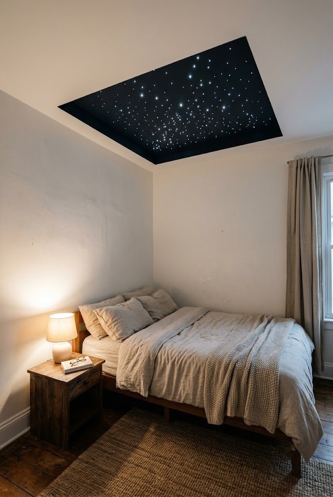 Fiber optic star ceiling panel above a bed in a small bedroom with pinpoint white lights