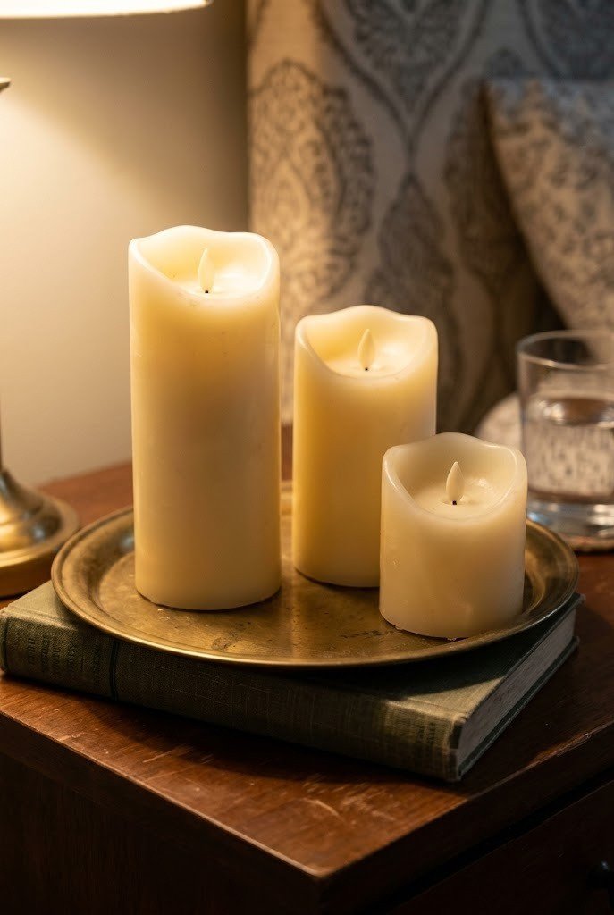 Three flameless wax candles at different heights on a small brass tray