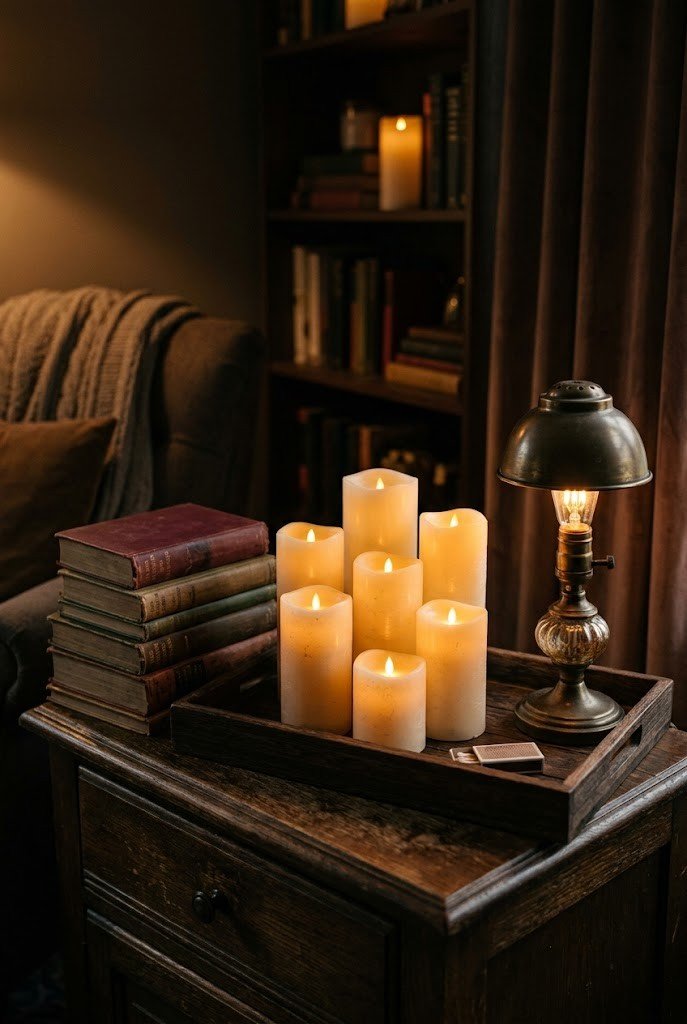 Flameless LED candles and a brass lamp on a tray in a dark academia bedroom