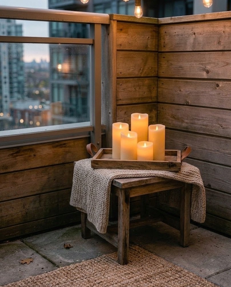 Five cream flameless LED pillar candles on a wooden tray on a balcony table