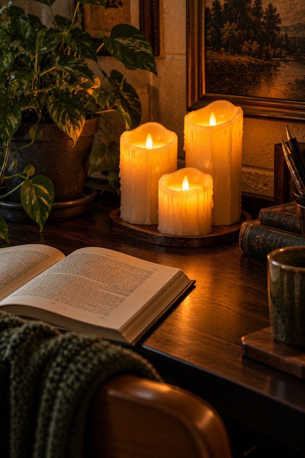 Cluster of three real-wax flameless candles with a moving amber flame on a dark desk