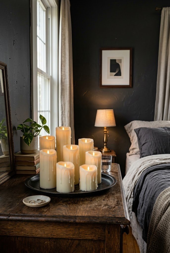 Cluster of ivory flameless pillar candles with faux dripped wax on a dresser