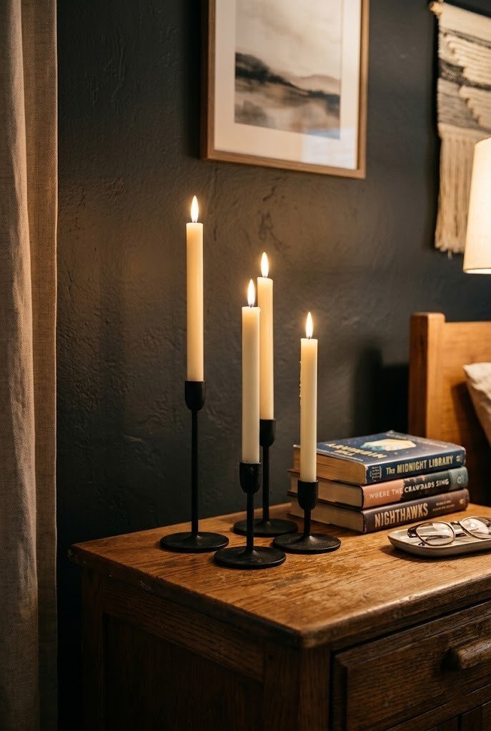 Three ivory flameless taper candles at varied heights in black holders on a nightstand