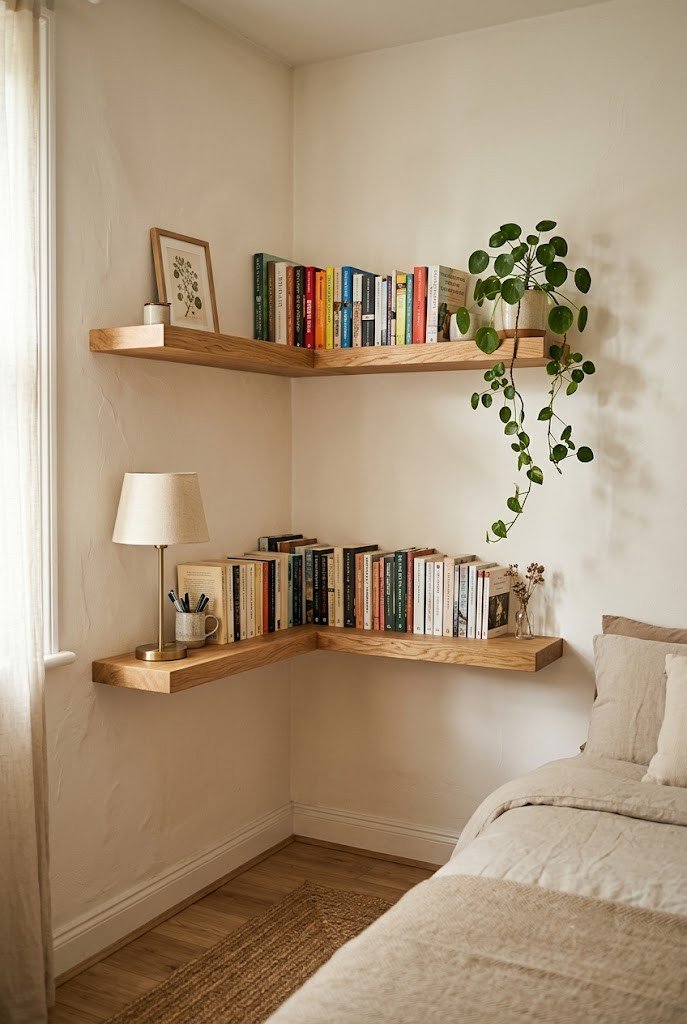Staggered corner floating shelves holding books, a lamp, and a plant in a small bedroom