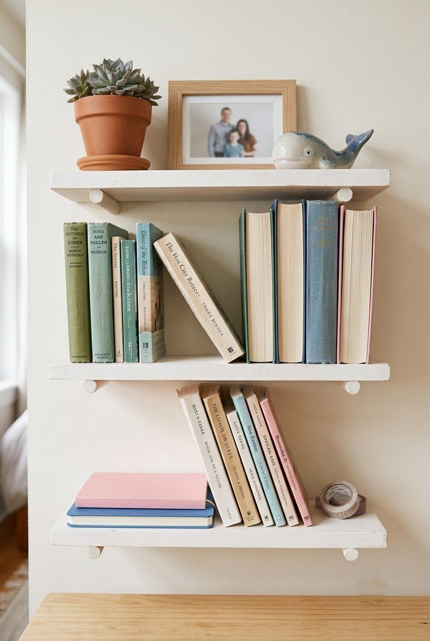 Three white floating shelves holding upright books, a small plant, and a framed photo above a desk