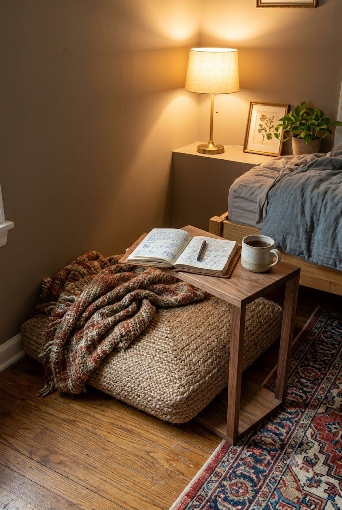 Floor cushion and slim C-table with a journal in a bedroom corner