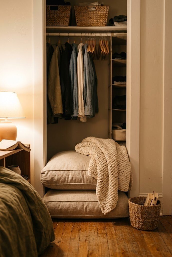 Oatmeal linen floor cushions and a knit throw inside a doorless closet alcove
