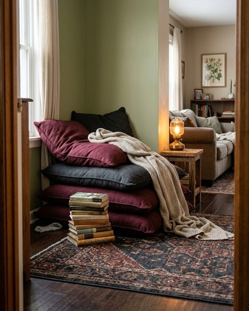 Pile of oversized burgundy and charcoal floor cushions in a corner on a dark rug