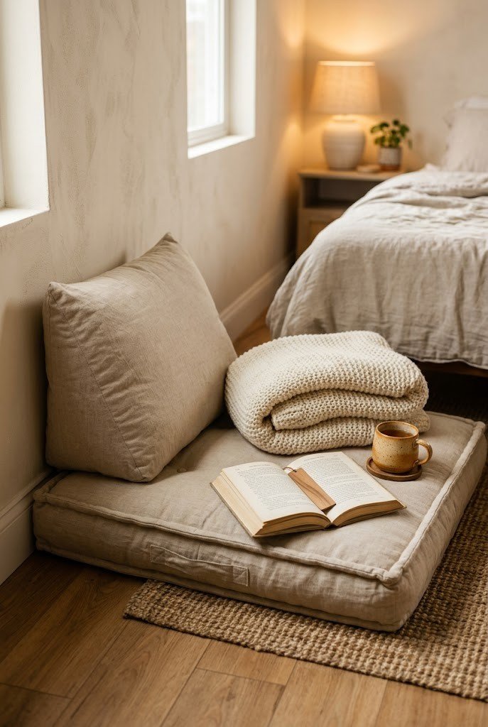 Floor cushion and backrest pillow forming a no-furniture reading corner against a bedroom wall