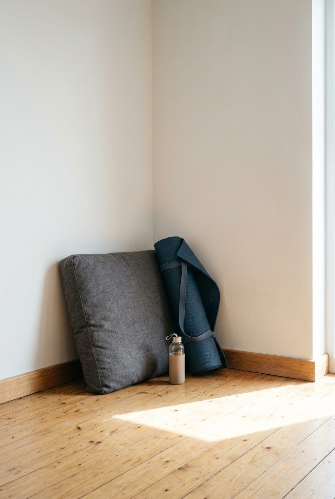 Floor cushion and rolled stretch mat in a clear bedroom corner