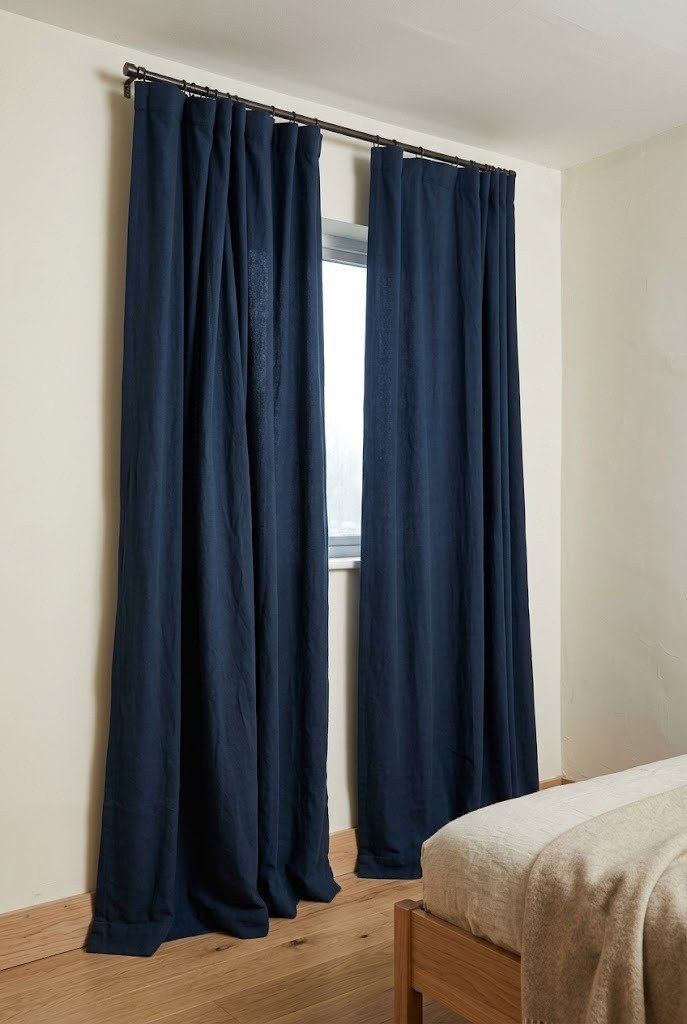 Floor to ceiling matte indigo curtains hung near the ceiling in a small bedroom