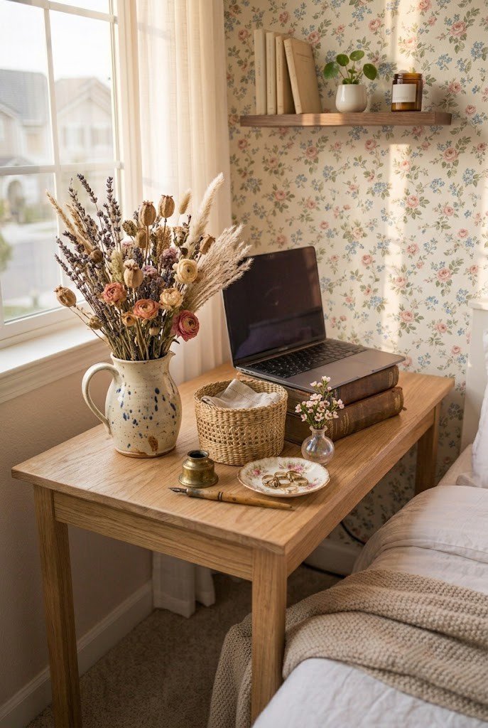 Small desk against a ditsy-floral peel-and-stick accent wall