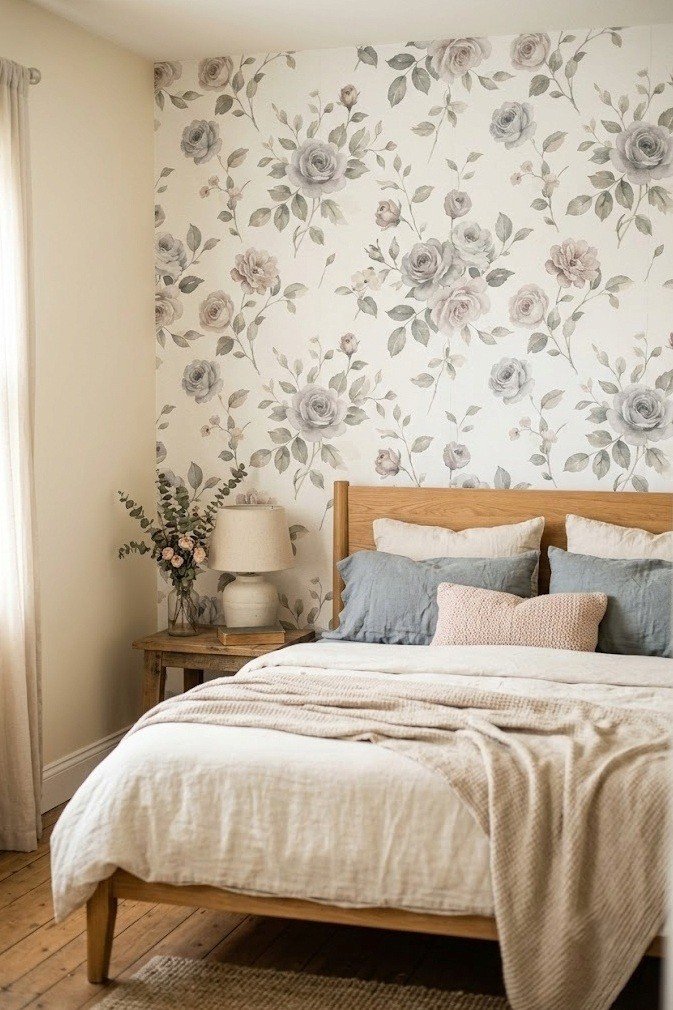 Muted floral peel-and-stick accent wall behind a bed