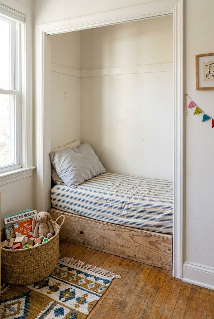 Trimmed foam mattress daybed with a striped cover inside a kid's closet nook